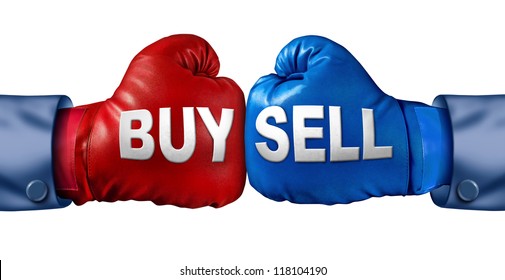 Buy or sell stocks or shares in a business as a boxing match in the symbolic financial ring of investing as two gloves fighting for trading direction in the stock market isolated on white.