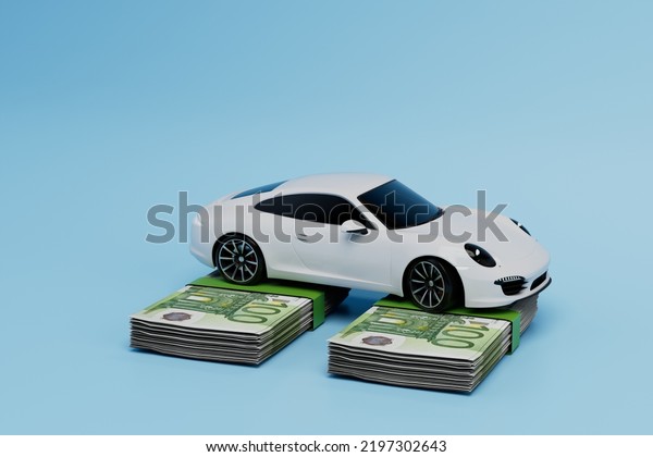 buying a car for cash. wads of\
paper dollars and a car on a blue background. 3D\
render.