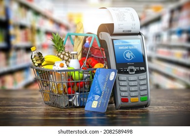 Buying Food And Drink Online. Shopping Basket With Food And POS Terminal And Cedit Card In Grocery Store. 3d Illustration