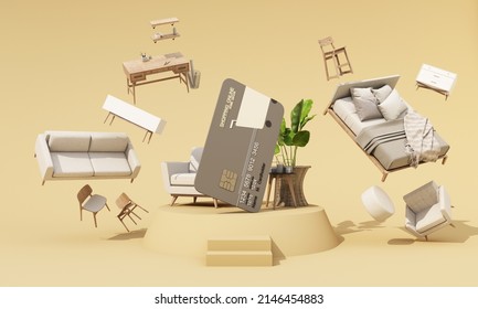 Comprar muebles y decoraciones en línea pagando con tarjeta de crédito. seleccione muebles de compra en línea. con la aplicación AR utilizada para simular muebles y productos de diseño de rendimientos 3d realistas