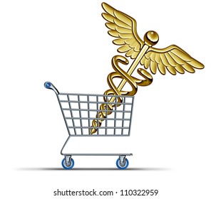 Buying Health Insurance And Choosing The Right Medical Protection Plan For Your Family With A Shopping Cart And A Caduceus Icon Made Of Gold Or Brass As A Concept Of The Cost Of Illness Coverage.