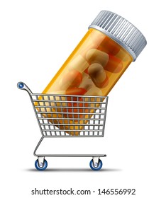 Buying Medicine From A Pharmacy Or Online Retailer Medication Concept As A Shopping Cart Carrying A Prescription Pill Bottle As A Symbol Of The Pharmaceutical Industry And Drug Insurance Market.