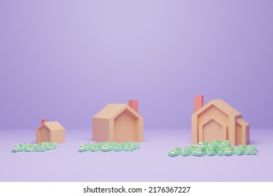 Buying Options Between Small -sized House And Medium-sized House And Large-sized House. ,Budget To Buy A House, Purple Backdrop, 3d Illustration, Modern Color, Minimalist Design.