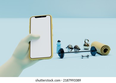 Buying Sports Equipment For Gym Classes Online Via Smartphone. A European Holds A Smartphone In His Hand, Next To It Is Sports Equipment On A Blue Background. 3d Render. 3d Illustration