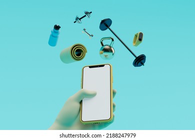 Buying Sports Equipment For Gym Classes Online Via Smartphone. A European Holds A Smartphone In His Hand, Next To It Is Sports Equipment On A Turquoise Background. 3d Render. 3d Illustration