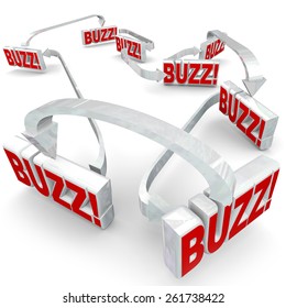 Buzz words in 3d letters connected by arrows to illustrate sharing or spreading hot news, gossip, rumors or information in a network or group of people