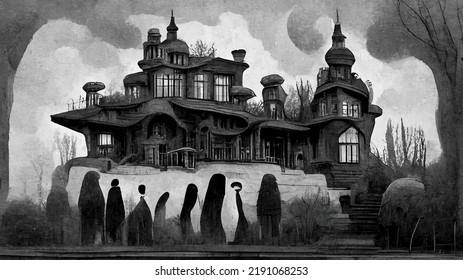 Bw Abstract Digital Artwork Of A Spooky House With People Standing Outside That Represents The Addams Family Theme.