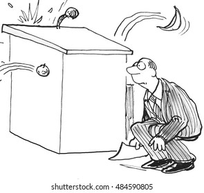 B&W Business Or Political Illustration Of A Man Crouching Behind A Podium As Rotten Fruit Is Thrown At Him.