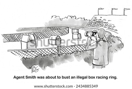 BW cartoon of a federal agent about to bust an illegal box racing ring. Foto stock © 