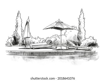 By the pool. Black and white quirky sketch of sunbeds by the poo
