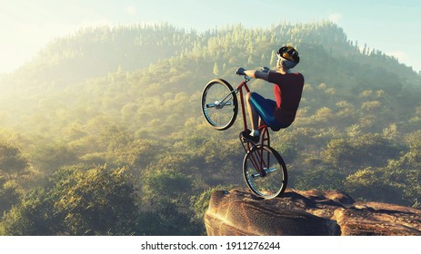 Byciclist on top of a mountain rock . This is a 3d render illustration .  - Powered by Shutterstock