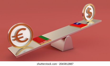 BYN Vs TWD Belarus Euro Vs Taiwan Doller Symbol Sign 3D Golden Currency On Seesaw And Both Countrys Flage 3D Render Isolated On Pink Background.