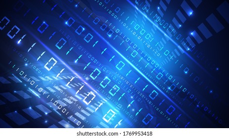 Bytes of zeros and binary units pass through the network. High-tech digital network, communications, high technology.