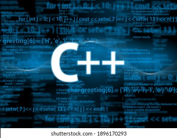 C++ code on dark background and  word c++ . C++ programing language 