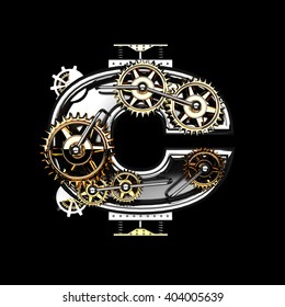 C Isolated Metal Letter With Gears On Black. 3D Illustration