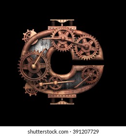 C Isolated Rusted Letter With Gears On Black