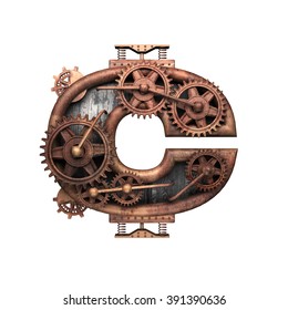 C Isolated Rusted Letter With Gears On White