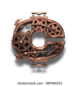 C Rusted Letter With Gears On White