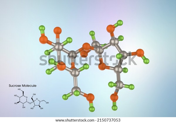 C12H22O11\
Sucrose. Molecule with carbon, hydrogen and oxygen atoms. 3D\
illustration of sucrose molecule \
\
atom.