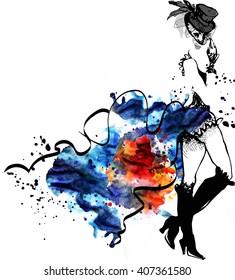 cabaret dancer.Watercolor splash.can can.girl.black and white