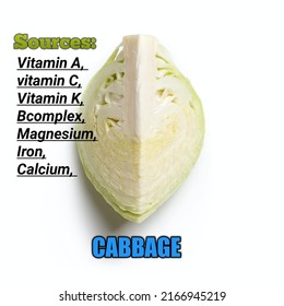 CABBAGE , Sources, Vitamin A, vitamin C,Vitamin K, Bcomplex, Magnesium, Iron, calcium, colour full text, cabbage over white background with benefits and sources, mentioned subject name, healthy tips.