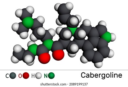 Cabergoline Molecule. It Is Drug, Ergot Derivative, Dopamine Receptor, Prolactin Inhibitor. Molecular Model. 3D Rendering. Illustration