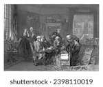 Cabinet of Curiosities, Christiaan Lodewijk van Kesteren, after Charles Rochussen, 1868 In the room there are pots with organisms on strong water. On the left a man and a woman in conversation.