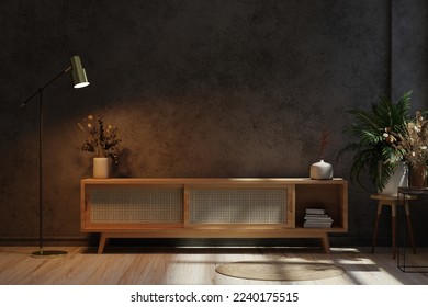 Modelación del gabinete para la TV en la sala de estar de noche en la pared de concreto.3d renderización
