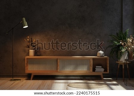 Cabinet mockup for TV in living room at night the concrete wall.3d rendering 商業照片 © 