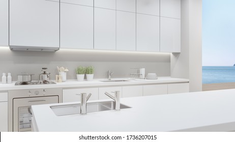 Cabinet Of Modern Kitchen In Luxury Beach House. Home Interior 3d Rendering With Empty White Top Counter And Sea View For Product Display.