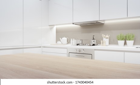 Cabinet Of Modern Kitchen In Luxury House. Home Interior 3d Rendering With Empty Wooden Top Counter For Product Display.