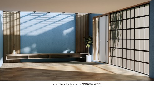 Cabinet In Modern Zen Living Room On Light Blue Wall Background,3d Rendering