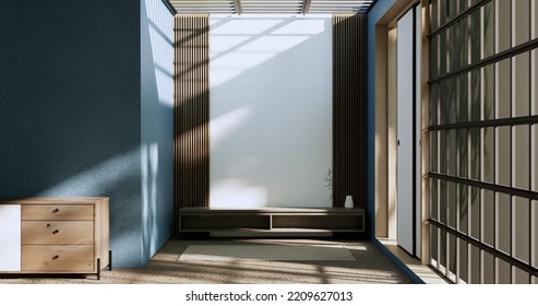 Cabinet In Modern Zen Living Room On Light Blue Wall Background,3d Rendering