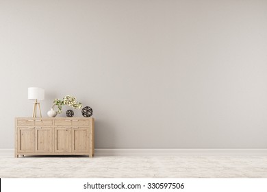 Cabinet with plant and lamp in front of a background wall (3D Rendering)