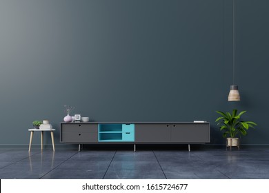 Cabinet TV In Empty Interior Room ,dark Wall With Wood Shelf,lamp ,plants And Table Wood ,3d Rendering