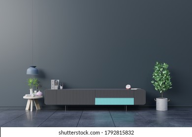 Cabinet TV In Empty Interior Room ,dark Wall With Wood Shelf,lamp ,plants And Table Wood ,3d Rendering