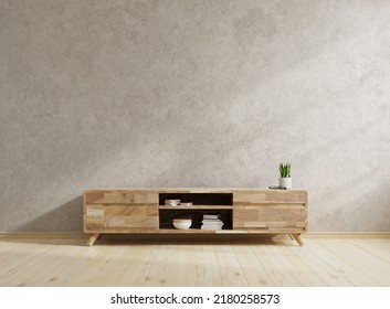 Cabinet For Tv In Living Room Interior Wall Mockup On Concrete Wall,3d Rendering