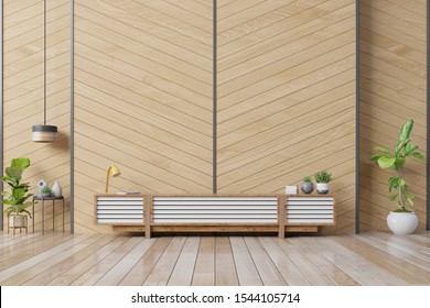 Cabinet Tv Mockup Hanging On Herringbone Wooden Wall In Modern Interior, 3d Rendering