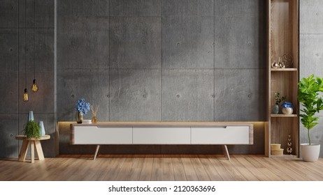 Cabinet For TV Mockup In Living Room The Concrete Wall.3D Rendering