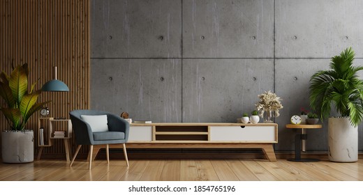 Cabinet TV In Modern Living Room With Armchair,lamp,table,flower And Plant On Concrete Wall Background,3d Rendering