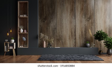 Cabinet TV In Modern Living Room With Decoration On Wooden Wall Background,3d Rendering
