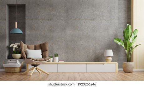 Cabinet TV In Modern Living Room With Armchair,lamp,table,flower And Plant On Concrete Wall Background,3d Rendering