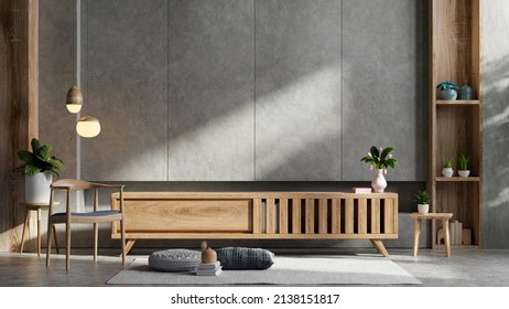 Cabinet For TV In Modern Living Room With Armchair,lamp,table,flower And Plant On Concrete Wall Background.3D Rendering