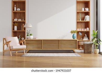 Cabinet For TV On The White Wall In Living Room With Armchair,minimal Design,3d Rendering