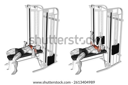 Cable Bench Press. Chest exercise. Workout illustration training guide