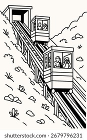 Cable car graphic mountain funicular railway steep slope passengers transport, vertical black white sketch outline illustration style photo of hillside cable car, minimal mountain railway transport