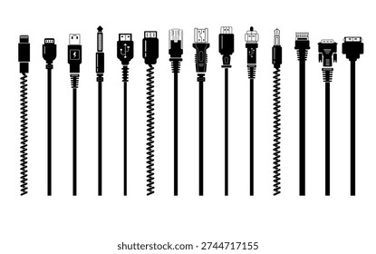 cable and plug universal compure hardware icon set silhouette