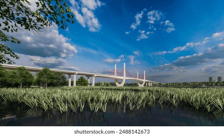 A cable stayed bridge crossing river, rural landscape
