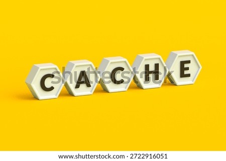 Cache word on hexagons. Buffer storage. Clearing browser history. Temporary memory. Removing unnecessary information. 3d render