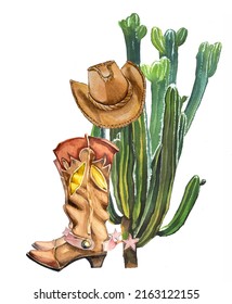 Cactus, cowboy boots and cowboy hat. Watercolor hand painted rodeo theme design. Countryside living at Texas themed illustration. Leather ranch boots.